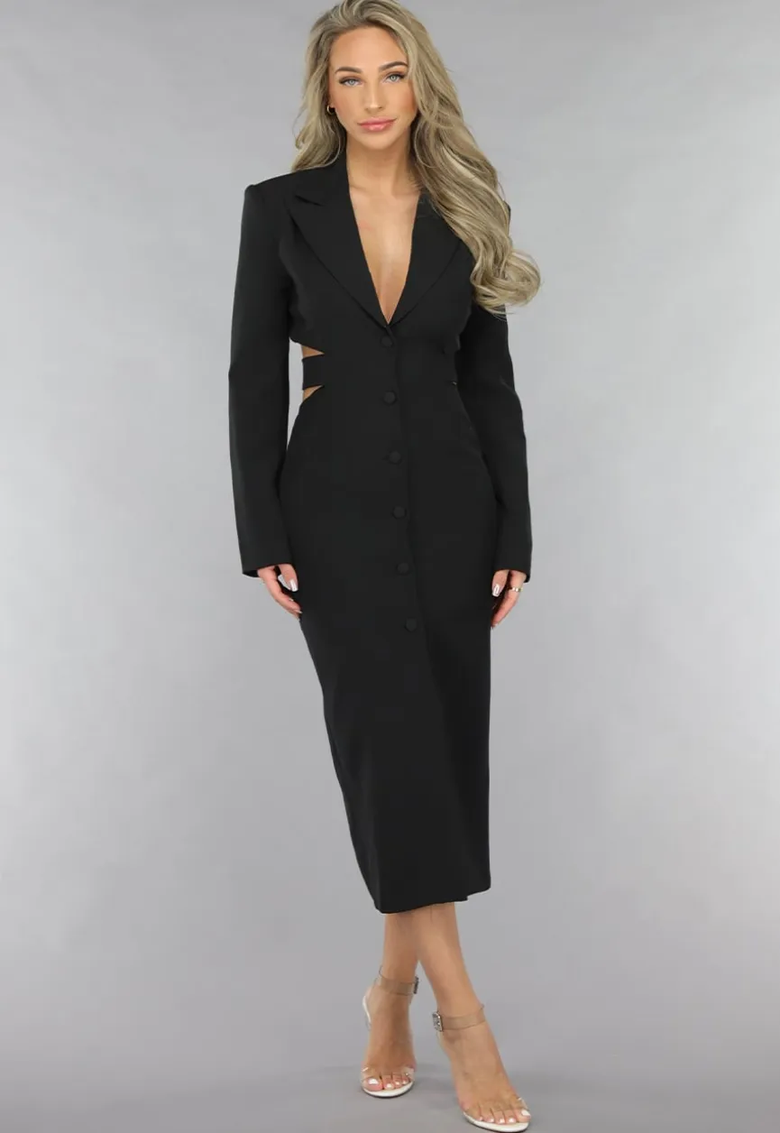 Zwarte Cut Out Midi Jurk met Blazer Look