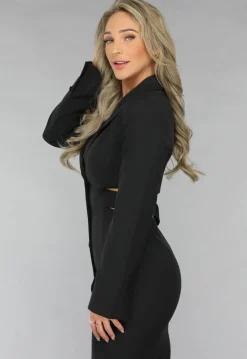 Zwarte Cut Out Midi Jurk met Blazer Look