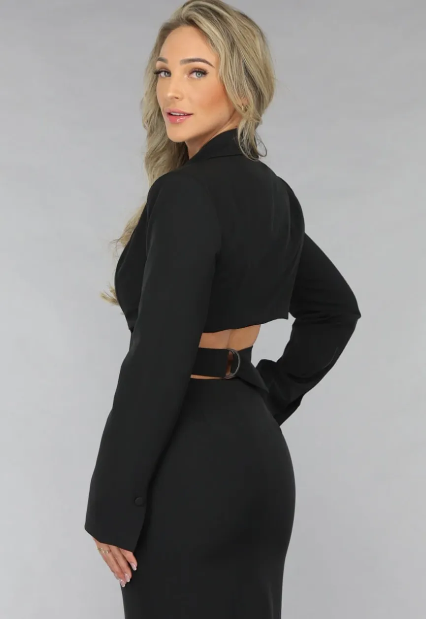 Zwarte Cut Out Midi Jurk met Blazer Look