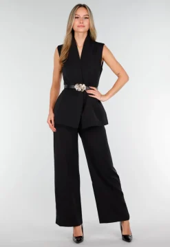 Zwarte Dames Matchende Set met Mouwloze Top, Statement Riem en Wide Leg Broek
