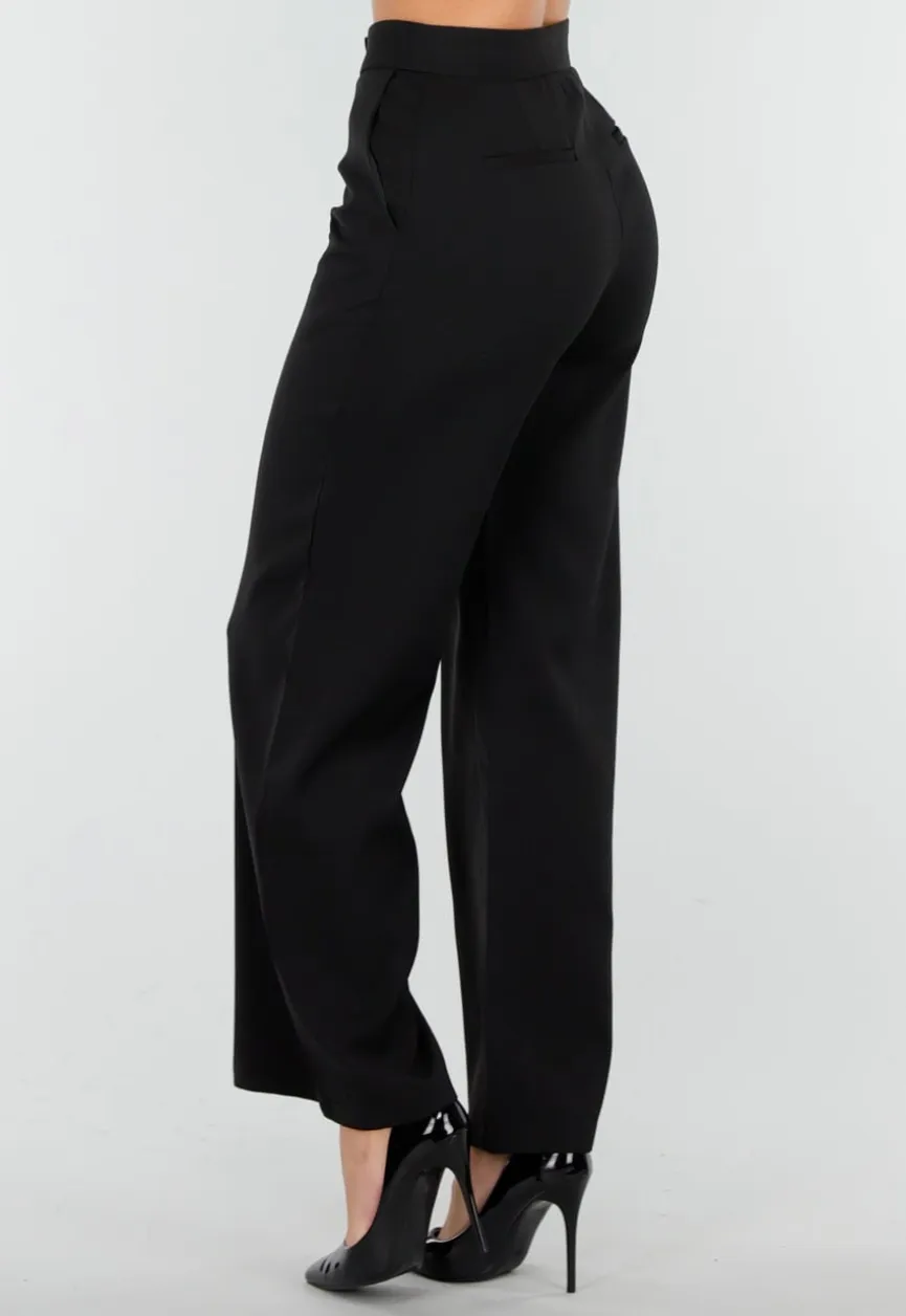 Zwarte Dames Matchende Set met Mouwloze Top, Statement Riem en Wide Leg Broek