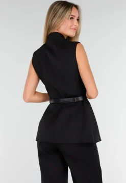 Zwarte Dames Matchende Set met Mouwloze Top, Statement Riem en Wide Leg Broek