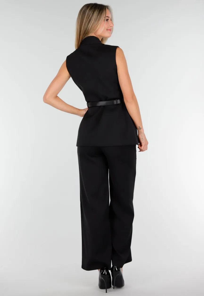 Zwarte Dames Matchende Set met Mouwloze Top, Statement Riem en Wide Leg Broek