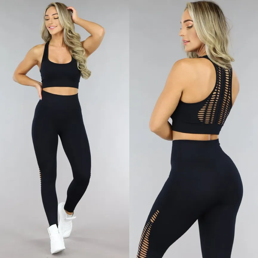 Zwarte 2-delige Sportset met Fishnet Details