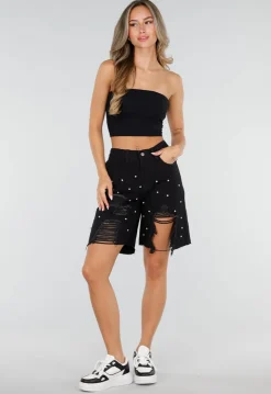 Zwarte Denim Bermuda Shorts met Strass en Destroyed Details Voor Dames