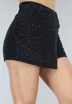 Zwarte Denim Glitter Overslag Skort