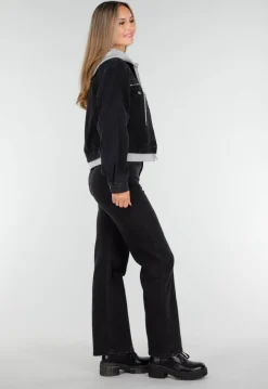 Zwarte Denim Jas met Grijze Capuchon en Zakken met Rits