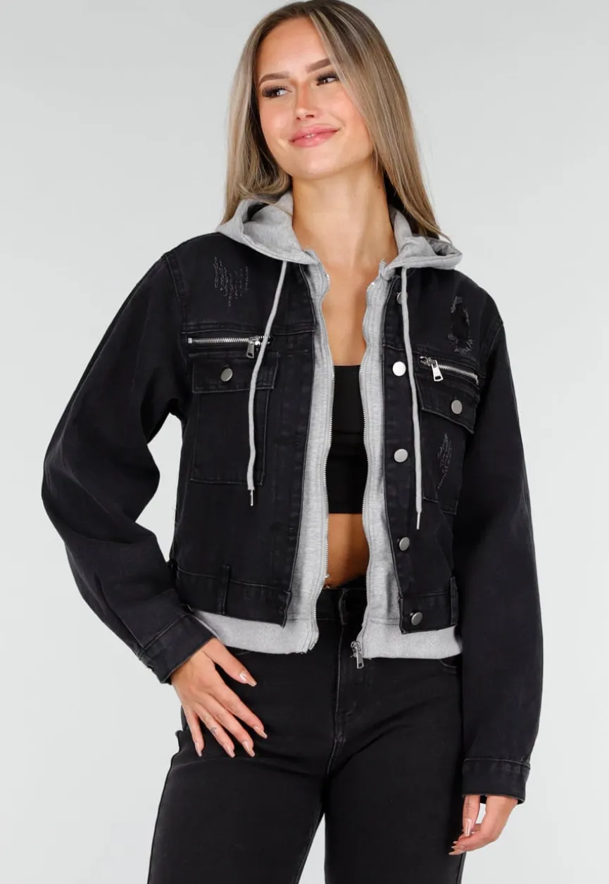 Zwarte Denim Jas met Grijze Capuchon en Zakken met Rits