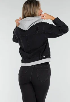 Zwarte Denim Jas met Grijze Capuchon en Zakken met Rits