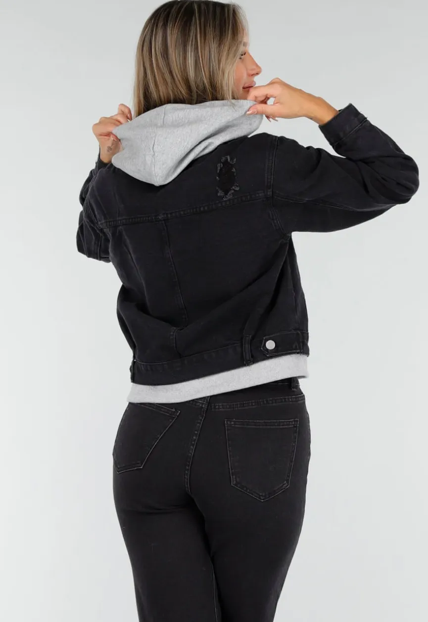 Zwarte Denim Jas met Grijze Capuchon en Zakken met Rits