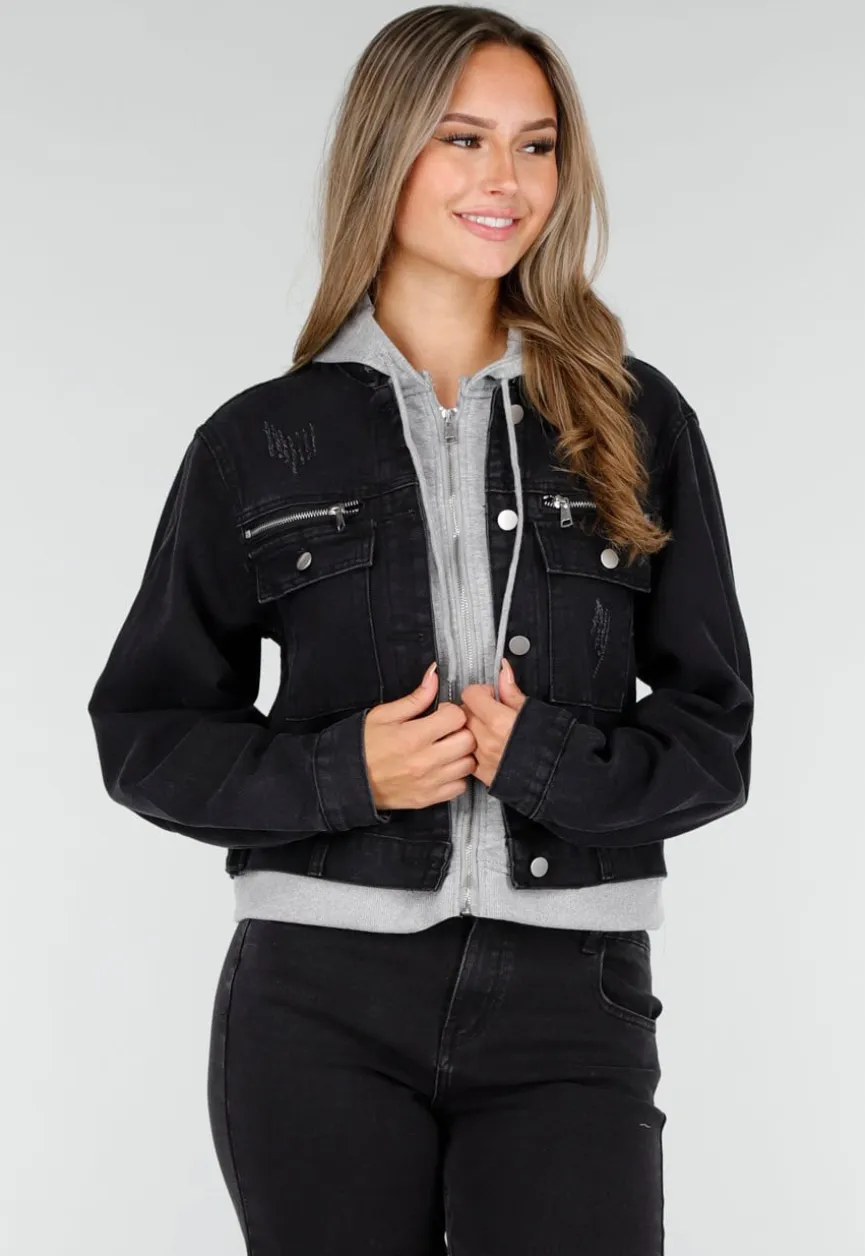 Zwarte Denim Jas met Grijze Capuchon en Zakken met Rits