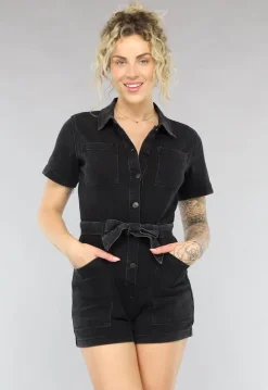 Zwarte Denim Playsuit met Ceintuur