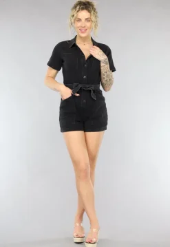 Zwarte Denim Playsuit met Ceintuur