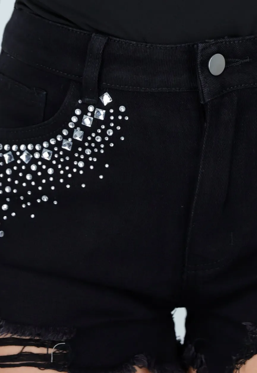 Zwarte Denim Short met Strass Steentjes en Rafelrand