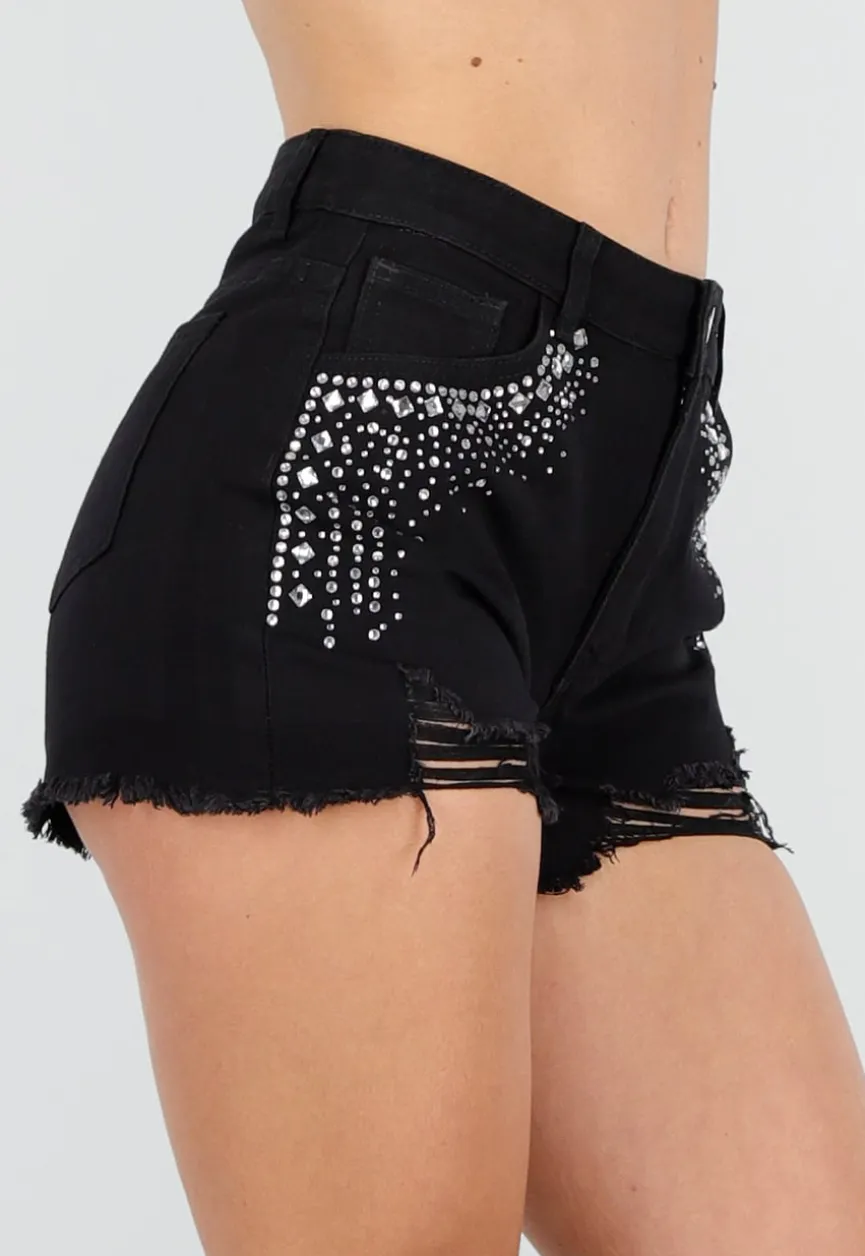 Zwarte Denim Short met Strass Steentjes en Rafelrand