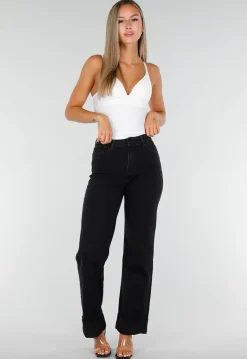 Zwarte Denim Straight Leg Jeans met Brede Omslag