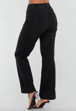 Zwarte Denim Straight Leg Jeans met Brede Omslag