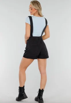 Zwarte Denim Tuinbroek Playsuit met Zakken en Verstelbare Bandjes