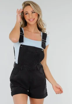 Zwarte Denim Tuinbroek Playsuit met Zakken en Verstelbare Bandjes