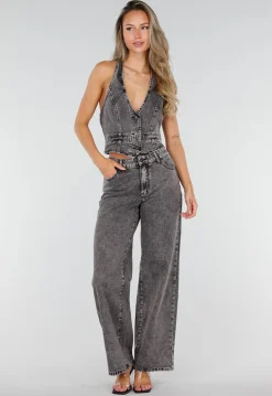 Zwarte Denim Two Piece Set met Halter Gilet en Wide Leg Jeans Voor Dames