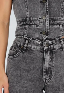 Zwarte Denim Two Piece Set met Halter Gilet en Wide Leg Jeans Voor Dames