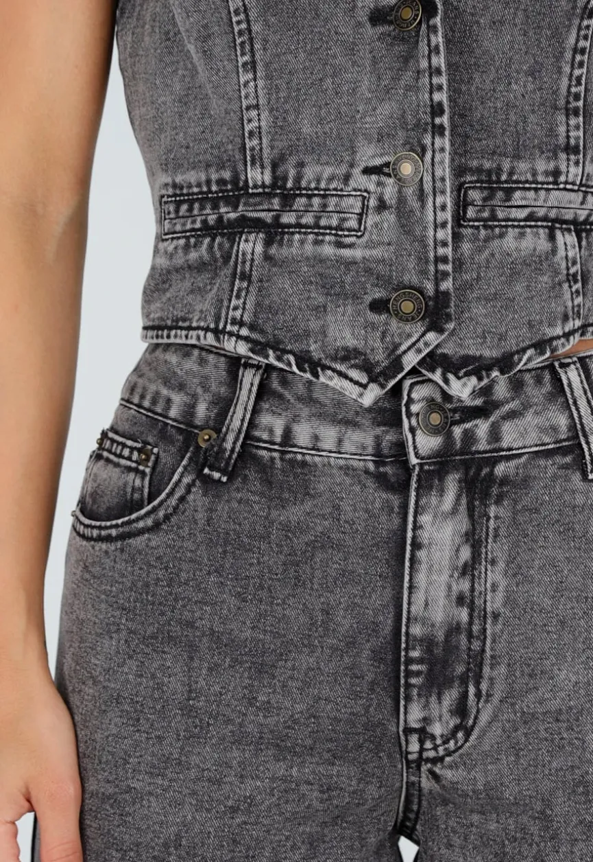 Zwarte Denim Two Piece Set met Halter Gilet en Wide Leg Jeans Voor Dames
