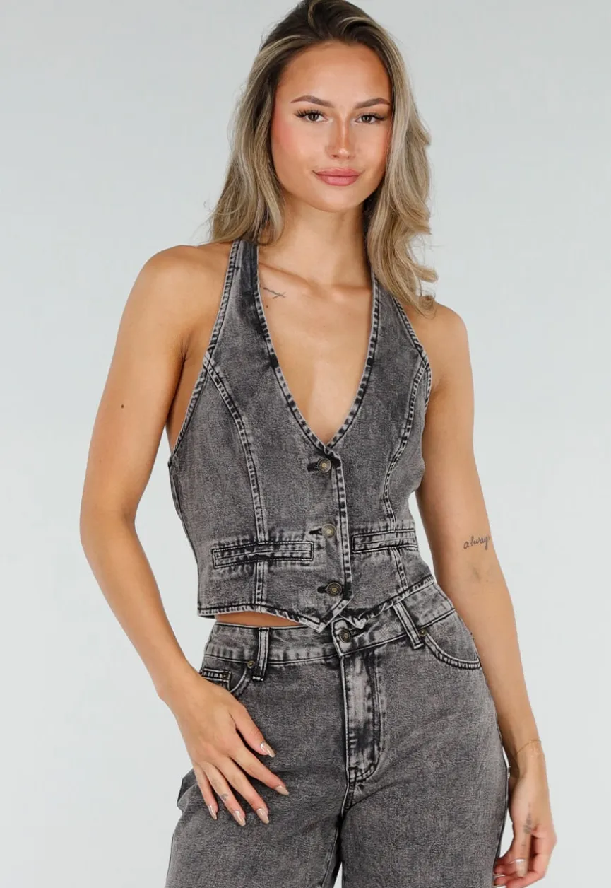 Zwarte Denim Two Piece Set met Halter Gilet en Wide Leg Jeans Voor Dames