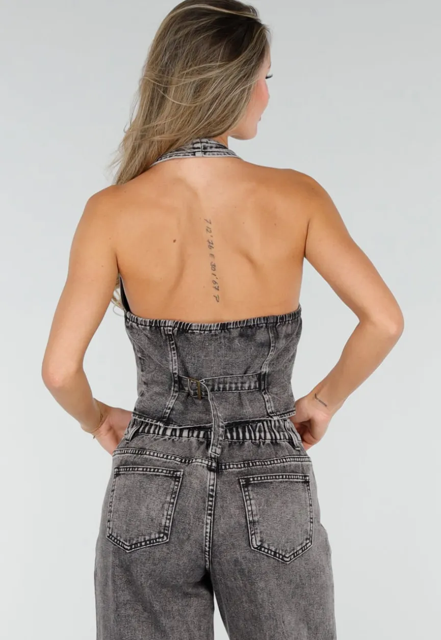 Zwarte Denim Two Piece Set met Halter Gilet en Wide Leg Jeans Voor Dames