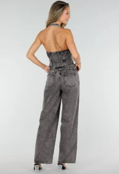 Zwarte Denim Two Piece Set met Halter Gilet en Wide Leg Jeans Voor Dames