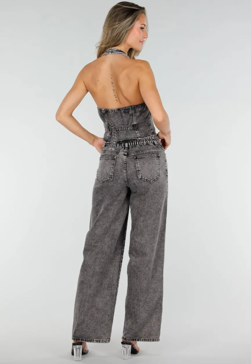Zwarte Denim Two Piece Set met Halter Gilet en Wide Leg Jeans Voor Dames
