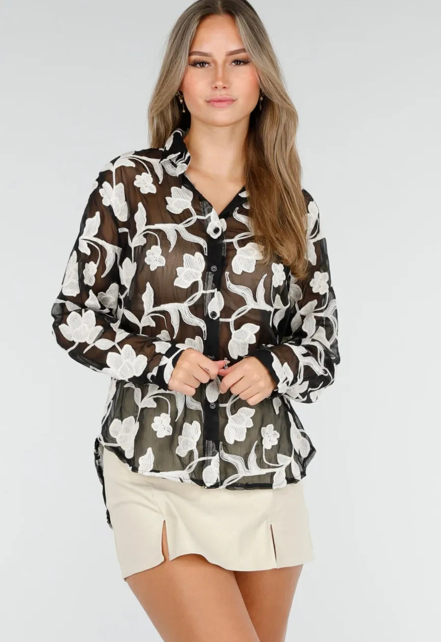 Zwarte Doorschijnende Blouse met Beige Bloemenborduursel en Lange Mouwen