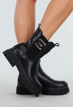 Zwarte Enkelboots met Chunky Zool Rits en Goudkleurige Gesp