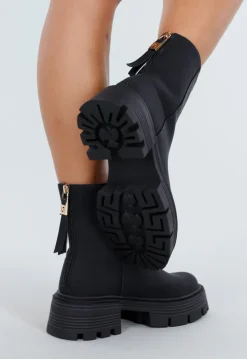 Zwarte Enkellaarsjes met Chunky Zool en Ritsdetail
