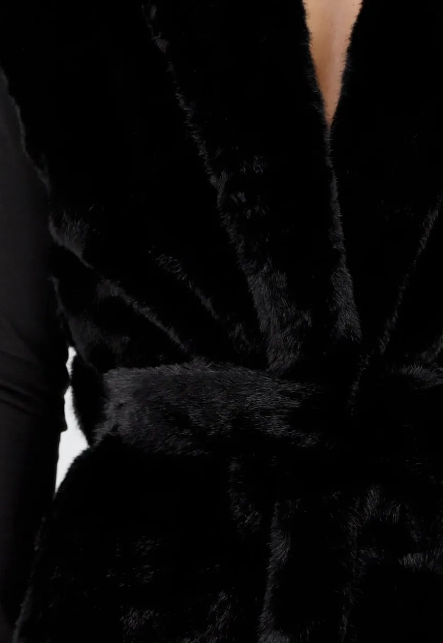 Zwarte Faux Fur Bodywarmer met Ceintuur en Kraag