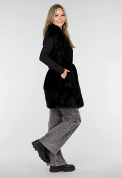 Zwarte Faux Fur Bodywarmer met Ceintuur en Kraag