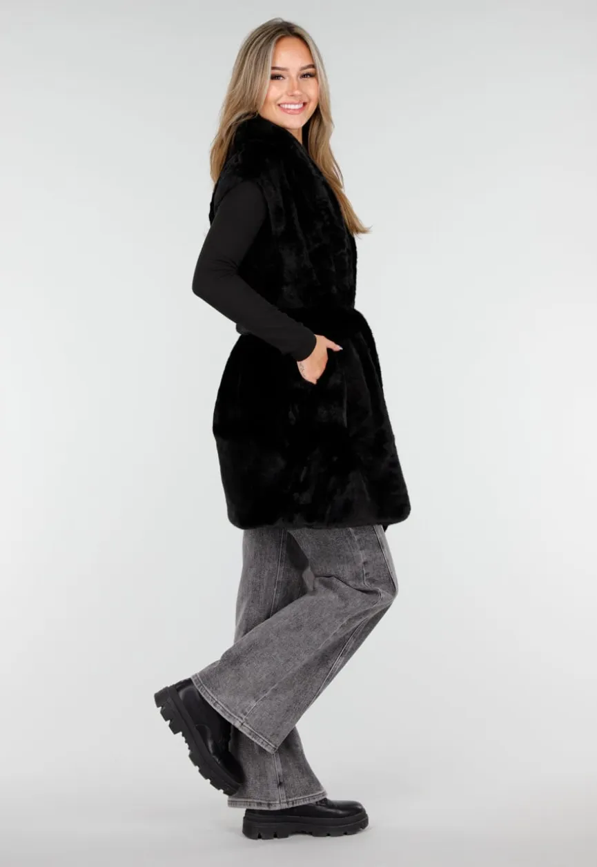 Zwarte Faux Fur Bodywarmer met Ceintuur en Kraag