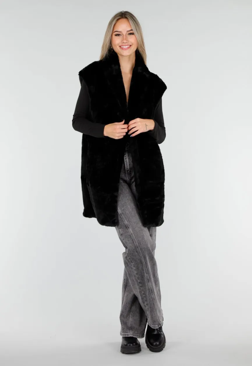 Zwarte Faux Fur Bodywarmer met Ceintuur en Kraag