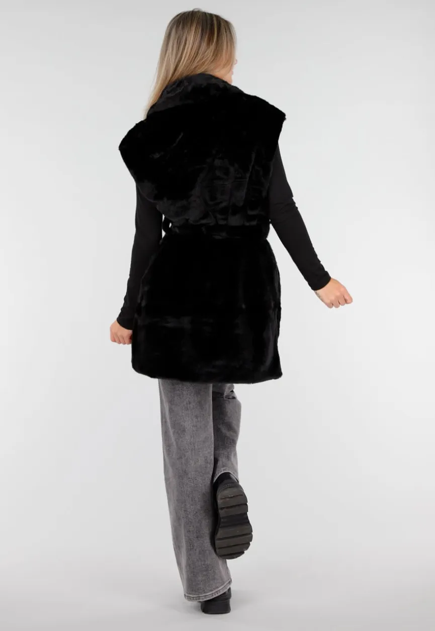 Zwarte Faux Fur Bodywarmer met Ceintuur en Kraag