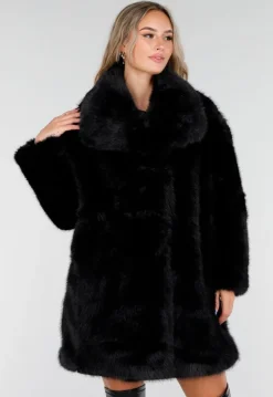 Zwarte Faux Fur Jas met Brede Kraag