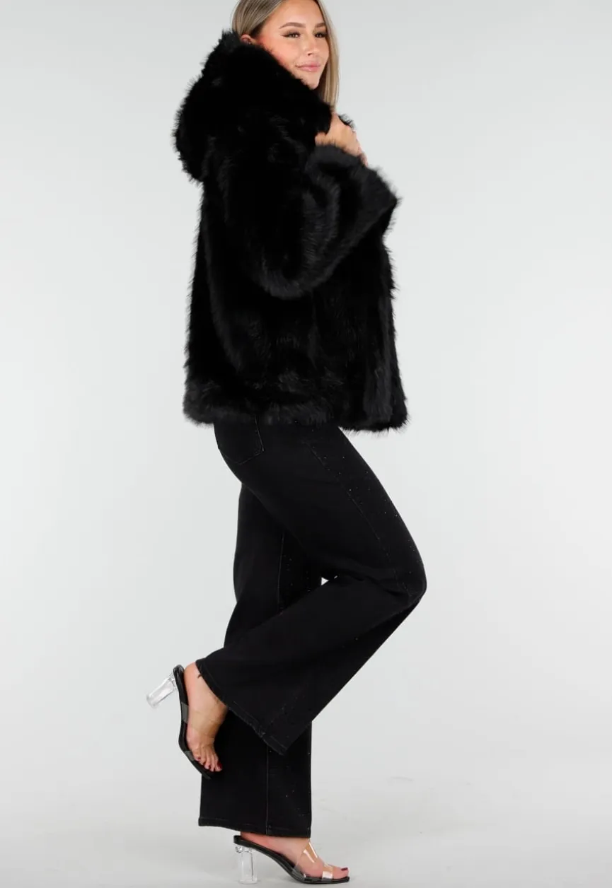 Zwarte Faux Fur Jas met Capuchon