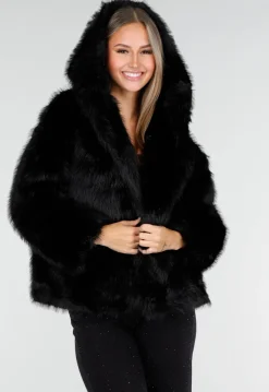 Zwarte Faux Fur Jas met Capuchon