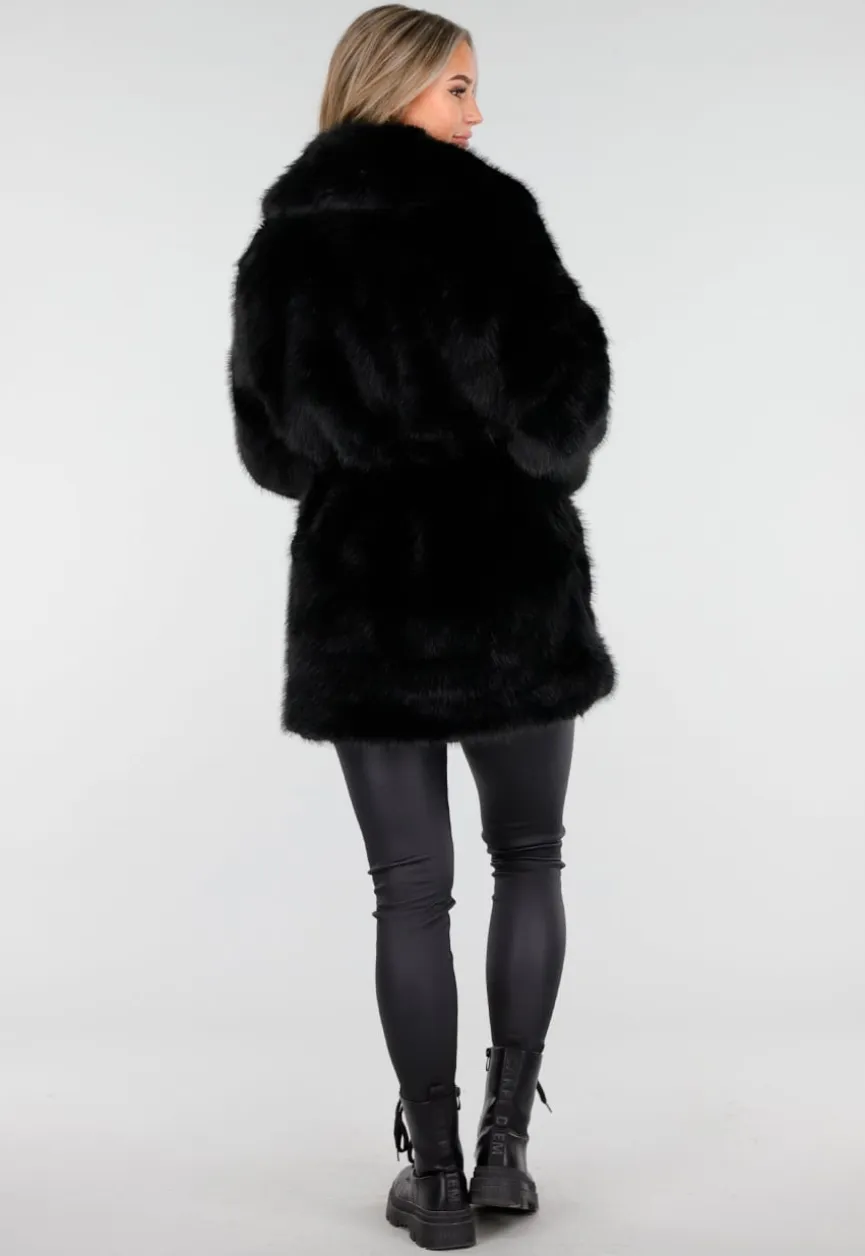 Zwarte Faux Fur Jas met Ceintuur