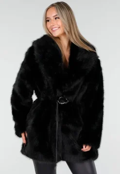 Zwarte Faux Fur Jas met Ceintuur