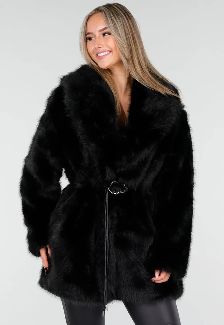 Zwarte Faux Fur Jas met Ceintuur
