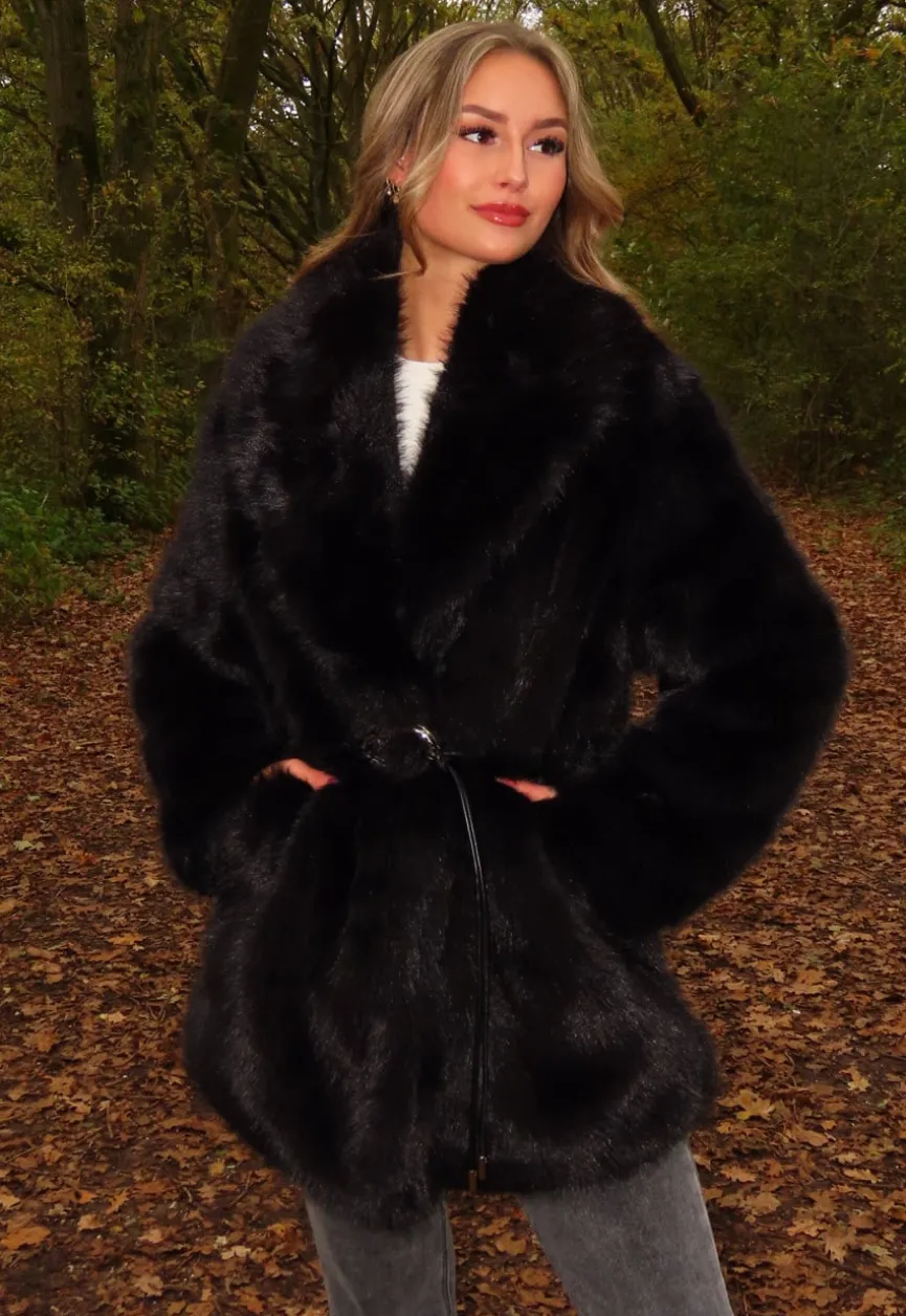 Zwarte Faux Fur Jas met Ceintuur