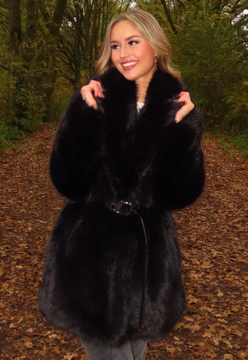 Zwarte Faux Fur Jas met Ceintuur