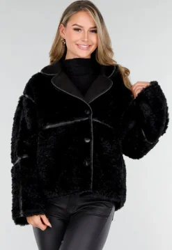 Zwarte Faux Fur Jas met Kraag en Knoopsluiting