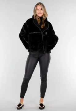 Zwarte Faux Fur Jas met Kraag en Knoopsluiting