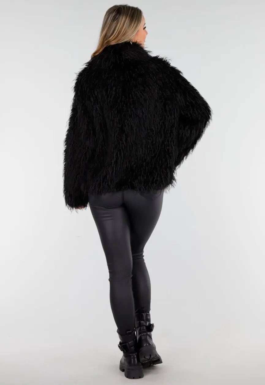 Zwarte Faux Fur Jas met Langharige Textuur
