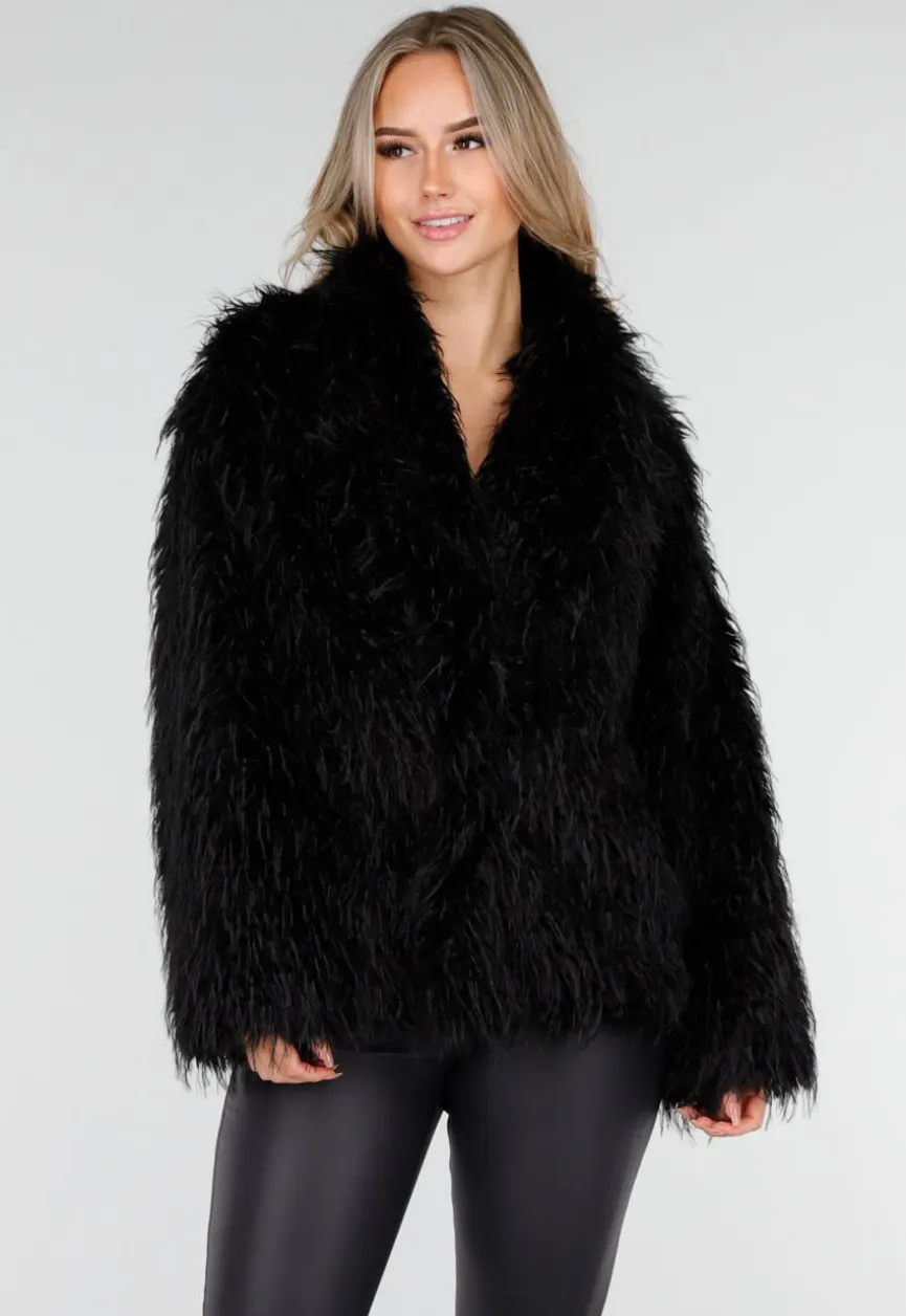 Zwarte Faux Fur Jas met Langharige Textuur
